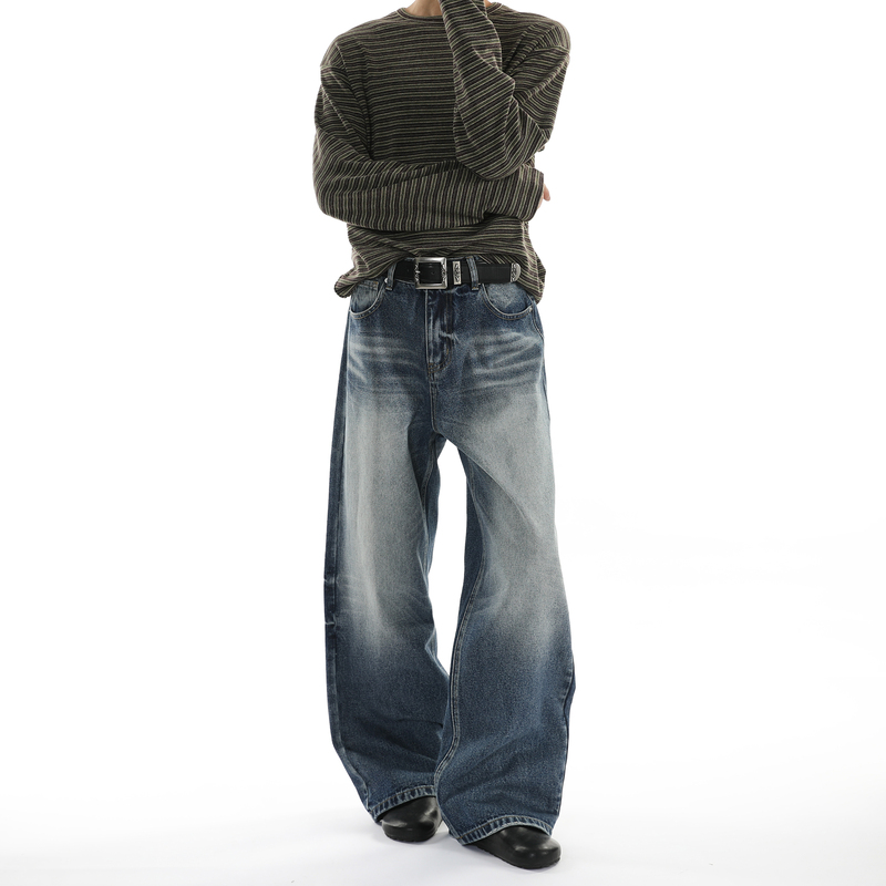 Ravenoasis Retro Vintage Washed Hand-Rubbed Distressed Jeans Men's Straight Loose Wide-Leg A-Line Pants