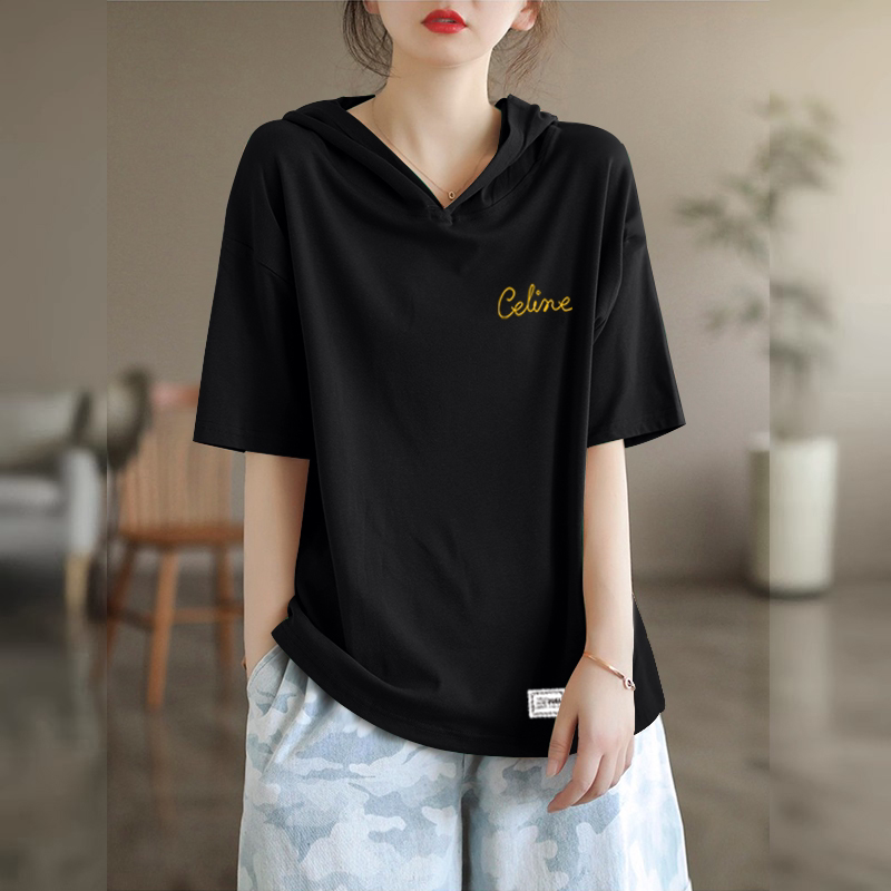 2026 Summer Pure Cotton New Short-Sleeve T-Shirt for Women, Versatile Korean Style Loose Hooded Age-Reducing Solid Color Fashion Top