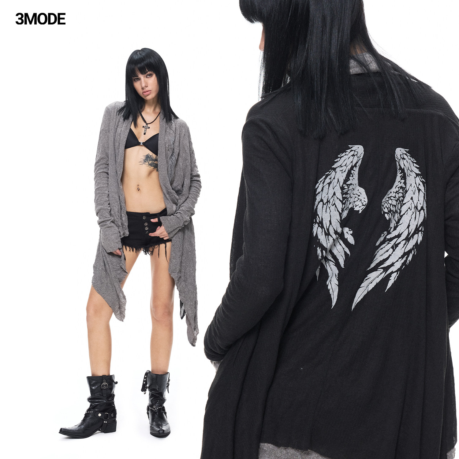 3MODE Light Subculture Reversible Hooded Cardigan with Draped Wing Print, Dark Irregular Hem