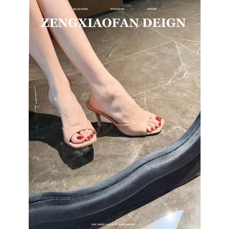 Sheepskin Version~ Shows Off Your Fair Skin! Nude-Colored High-Heeled Sandals for Women, Summer Style, Elegant Thin Heels, Square Toe, Open-Toe, Sexy, Suitable for Outdoor Wear