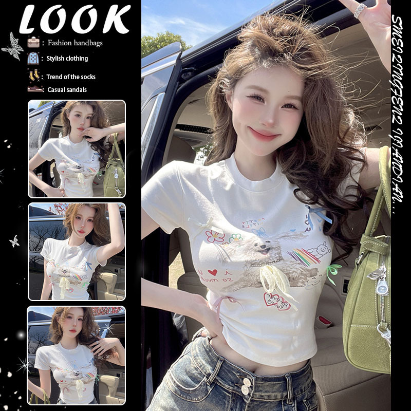 2026 Summer New Dog Print 3D Bow Short Sleeve T-Shirt for Women Slim Fit Fashion Versatile Cropped Top 2026 Summer New Dog Print 3D Bow Short Sleeve T-Shirt for Women Slim Fit Fashion Versatile Cropped Top