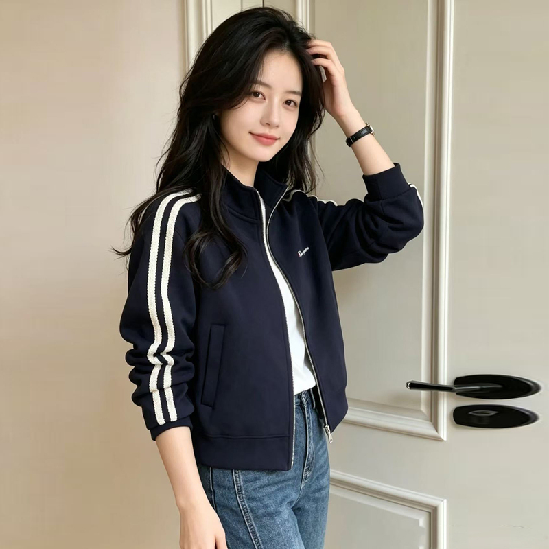 Japanese Style Champion Stand-Up Collar Baseball Jacket for Women, Autumn Loose Fit, Slimming, Three-Stripe Sports Zipper Casual Cardigan Japanese Style Champion Stand-Up Collar Baseball Jacket for Women, Autumn Loose Fit, Slimming, Three-Stripe Sports Zipper Casual Cardigan