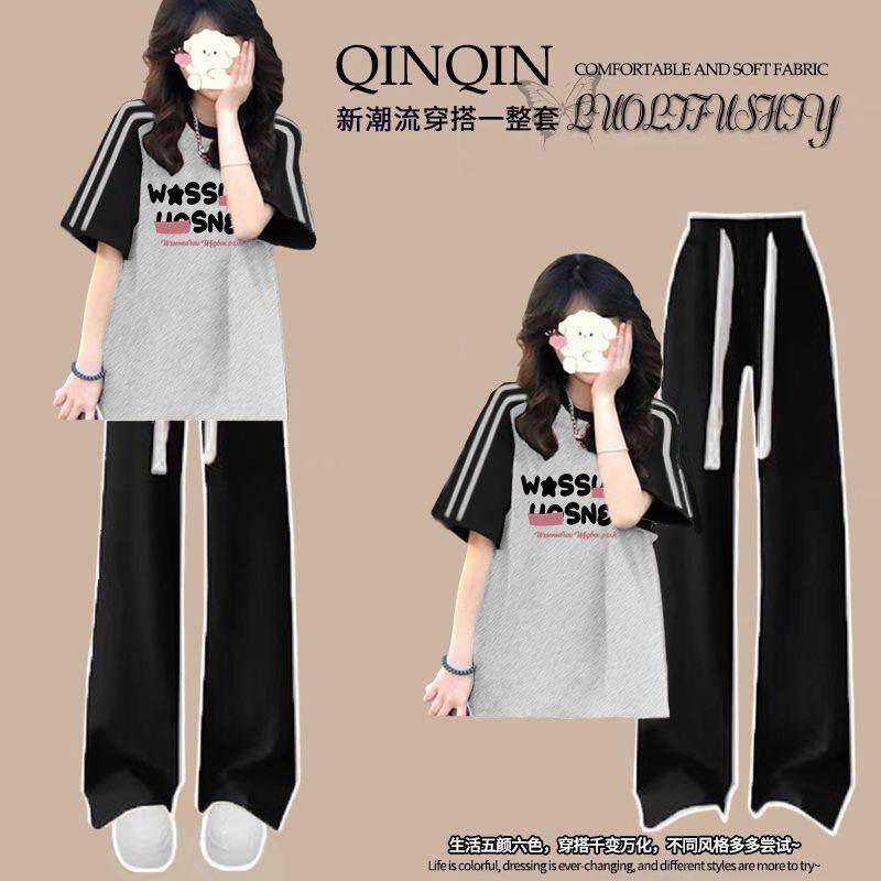 Girls' Summer New Casual Sports Suit for High School and Junior High School Students, Raglan Short-Sleeved T-Shirt and Wide-Leg Pants Girls' Summer New Casual Sports Suit for High School and Junior High School Students, Raglan Short-Sleeved T-Shirt and Wide-Leg Pants