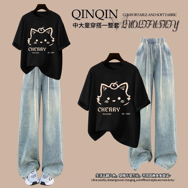Girls' Summer 2026 New Style Loose Cotton Short-Sleeved T-Shirt and Korean-Style Jeans Two-Piece Set for Middle and High School Students