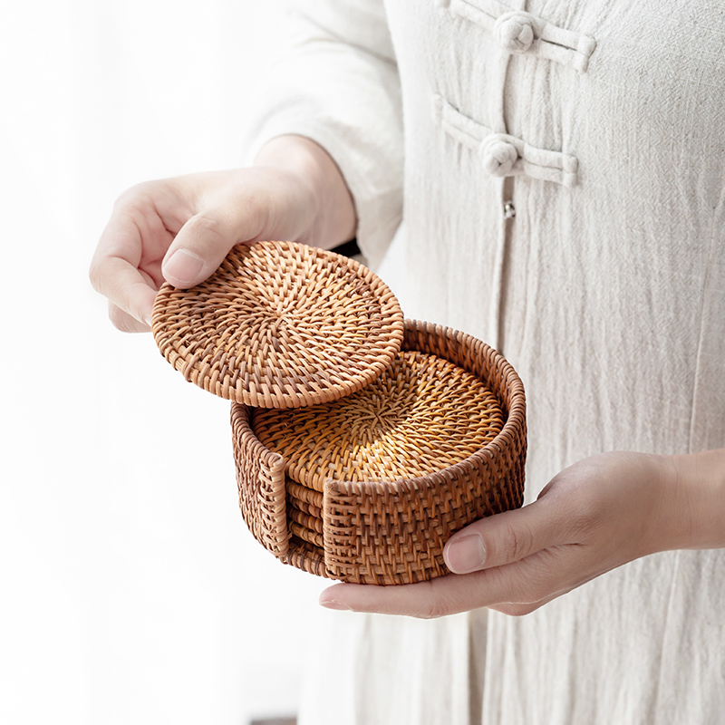 Rattan coaster set teacup tray heat insulation non-slip mat Zen hand-woven tea mat simple home tea coaster