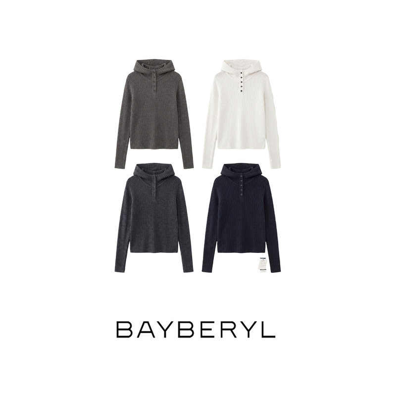 Bayberyl LAOSHU Vertical Ribbed Yangtze Slimming Hooded Half-Placket Versatile Wool Knit Sweater