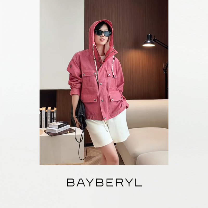 Bayberyl Self-Made Soft Shell Hooded Multi-Pocket Waterproof Jacket in Two Colors