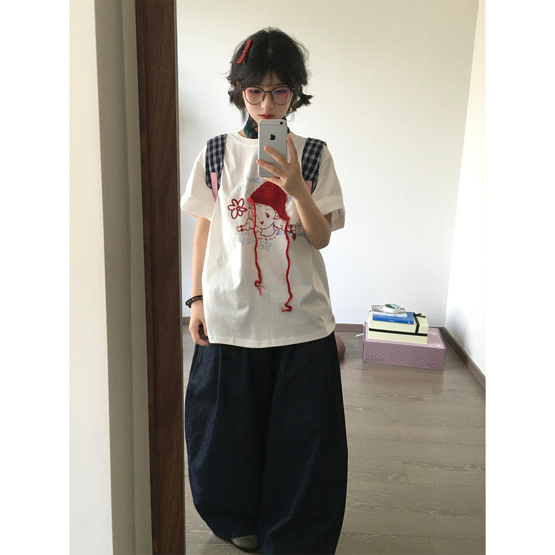 Student Age-Reducing Casual Sports Suit for Women, Summer Slimming Outfit, Little Red Riding Hood Girl Short-Sleeved Nine-Quarter Pants Two-Piece Set