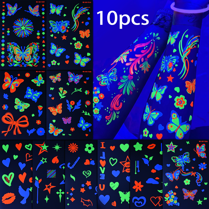 10 Halloween Glow-In-The-Dark Tattoo Stickers with Fluorescent Butterfly and Flower Patterns, Party Uv Stickers, Temporary Tattoos for Adults 10 Halloween Glow-In-The-Dark Tattoo Stickers with Fluorescent Butterfly and Flower Patterns, Party Uv Stickers, Temporary Tattoos for Adults