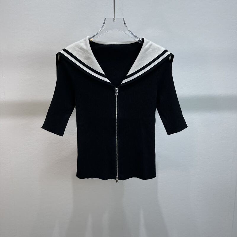 Ainuowangjing Authentic Discount Store 2025 Summer New Navy Collar Slimming Black and White Knitted Top 8117