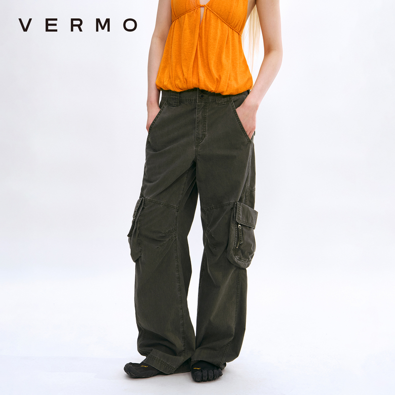 Vermo Vintage Distressed Wash Adjustable Low-Rise Three-Dimensional Patch Pocket Paris Buckle Workwear Casual Pants Vermo Vintage Distressed Wash Adjustable Low-Rise Three-Dimensional Patch Pocket Paris Buckle Workwear Casual Pants