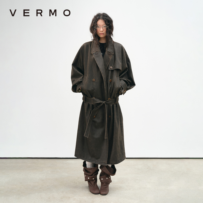 Vermo Beautiful Vintage Distressed Texture, Aged over Time, Faded Washed Low-Waisted Long Trench Coat