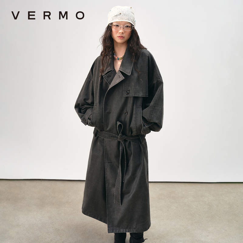 Vermo Sediment Time Vintage Distressed Faded Washed Low-Waist Pocket Leather-Feel Long Trench Coat
