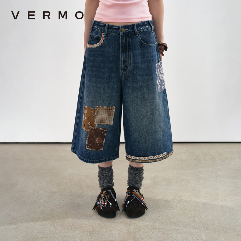 Vermo Memory Fragment Blurred Recombination Vintage Distressed Washed Hand-Sewn Patch Embroidery Cropped Denim Shorts
