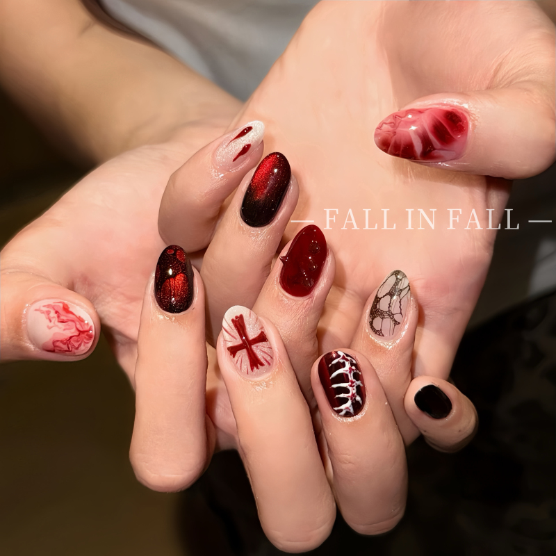 【Scarlet Knight】Unique Hot Girl Style Brightening Cat-Eye Cross Nail Art Dark Gothic Style Handmade Press-On Nails