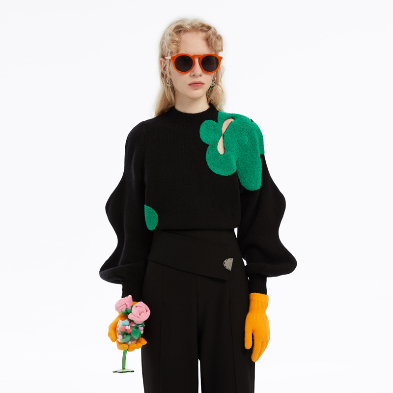 [Same Style as Cai Shaofen] N·More Designer Brand Autumn and Winter Wave-Sleeve Pullover Design Sweater for Women