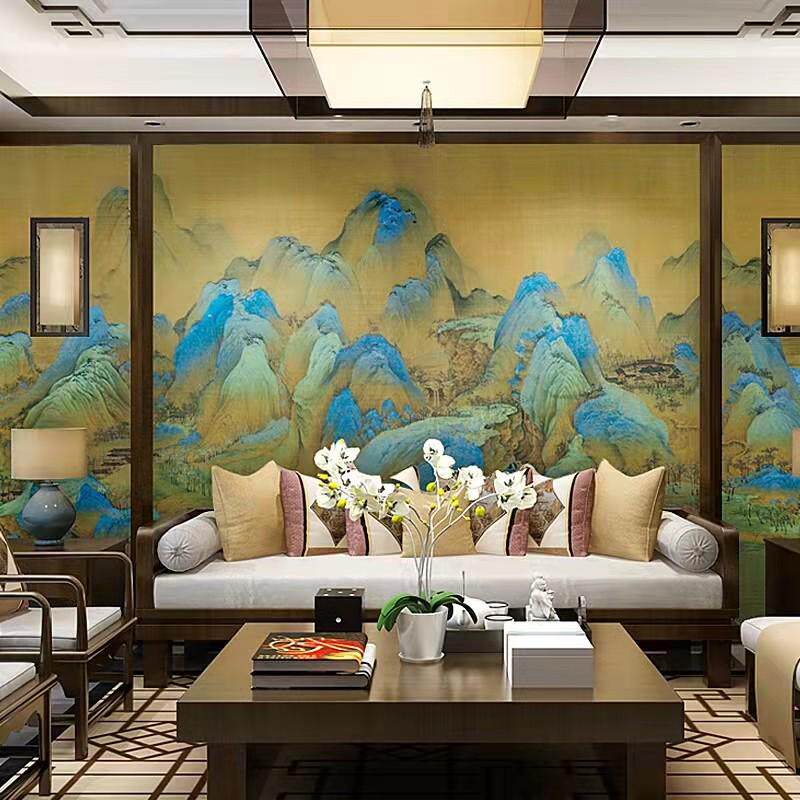 优选千里江山图壁纸新中式山水国画墙纸酒店复古拍照背景墙青绿山