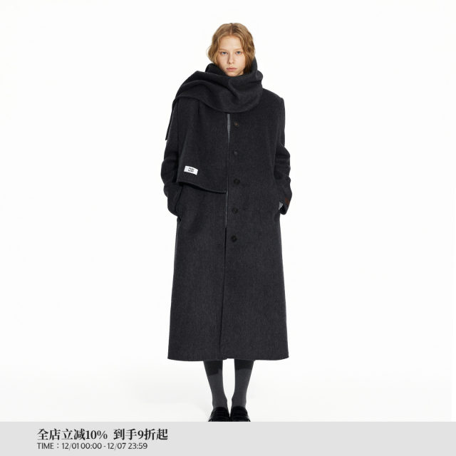PUKI 65% wool double-sided wool simple two-wear long scarf coat