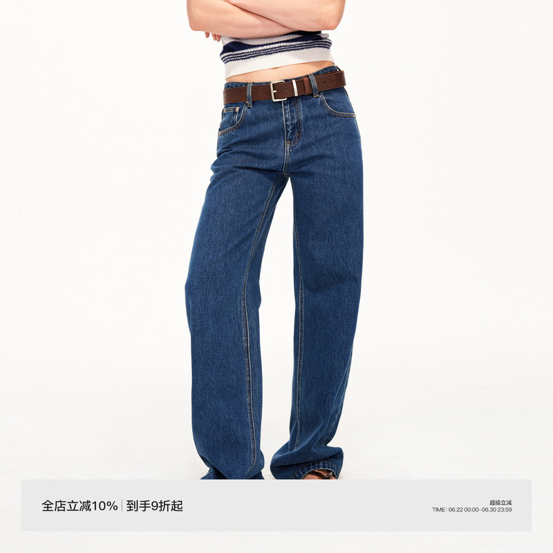 Puki Nostalgic Summer Special Dark Blue Classic Retro Blue Low-Rise Jeans Textured Pure Cotton Scimitar Pants