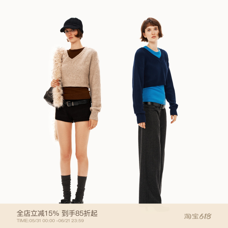 Puki 30% Wool Anti-Pilling Real Two-Piece Color-Blocked V-Neck Sweater Puki 30% Wool Anti-Pilling Real Two-Piece Color-Blocked V-Neck Sweater