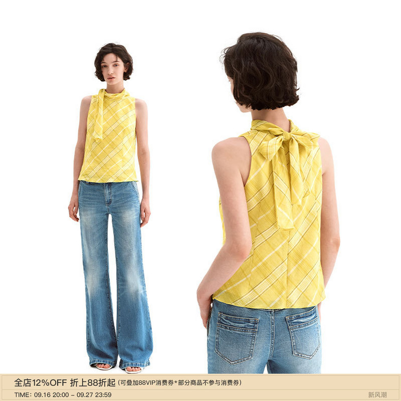Puki Original 100% Linen Summer Retro Classic Plaid Halter Neck Bow Casual Versatile Sleeveless Shirt