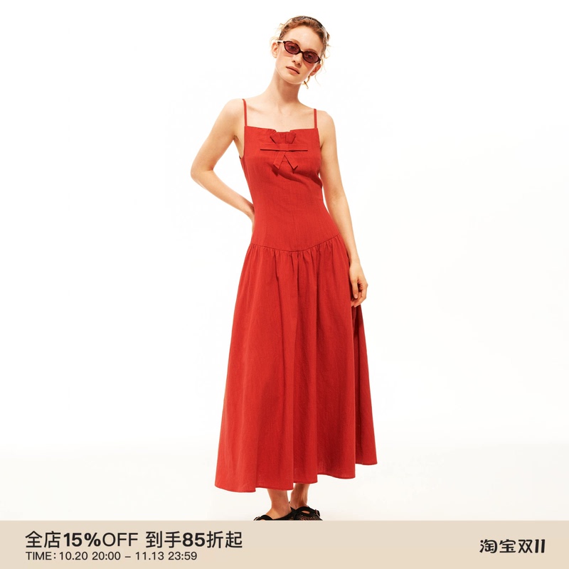 Puki Linen Lyocell Handmade Three-Dimensional Bow Waist-Cinching Pleated Vacation Strap Dress