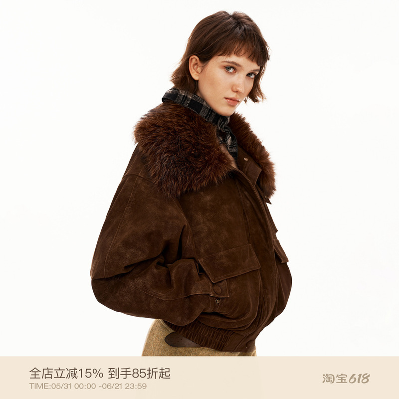 Puki Heavy Quilted Suede Parka, Vintage Washed Detachable Fur Collar Oversized Short Jacket