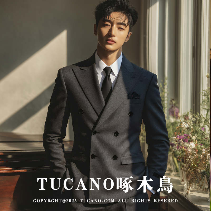 Tucano Woodpecker Business Gentleman Style Double-Breasted Slim-Fit Suit Set for Men, High-End Wedding Groom Suit