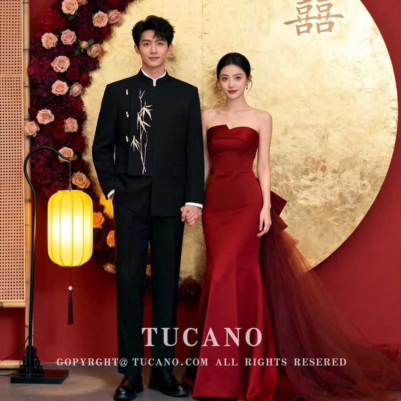 Tucano Woodpecker Groom's Summer Thin Engagement Suit New Chinese Style Wooden Button Bamboo Pattern Embroidery Black Zhongshan Suit Tucano Woodpecker Groom's Summer Thin Engagement Suit New Chinese Style Wooden Button Bamboo Pattern Embroidery Black Zhongshan Suit