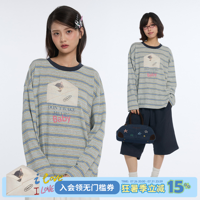 Tipseven Love Letter Series Colorful Striped Kitten Print Long Sleeve Lazy Relaxed Round Neck T-Shirt Pullover Top