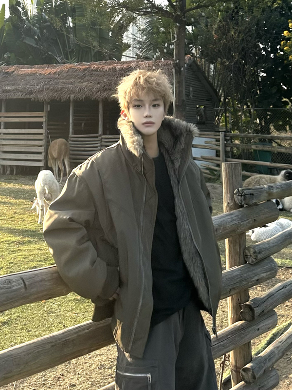 Grotequel Autumn and Winter American Retro Style Mountain Carving Fur Collar Structured Cotton Jacket Winter Thickened Flight Jacket Coat