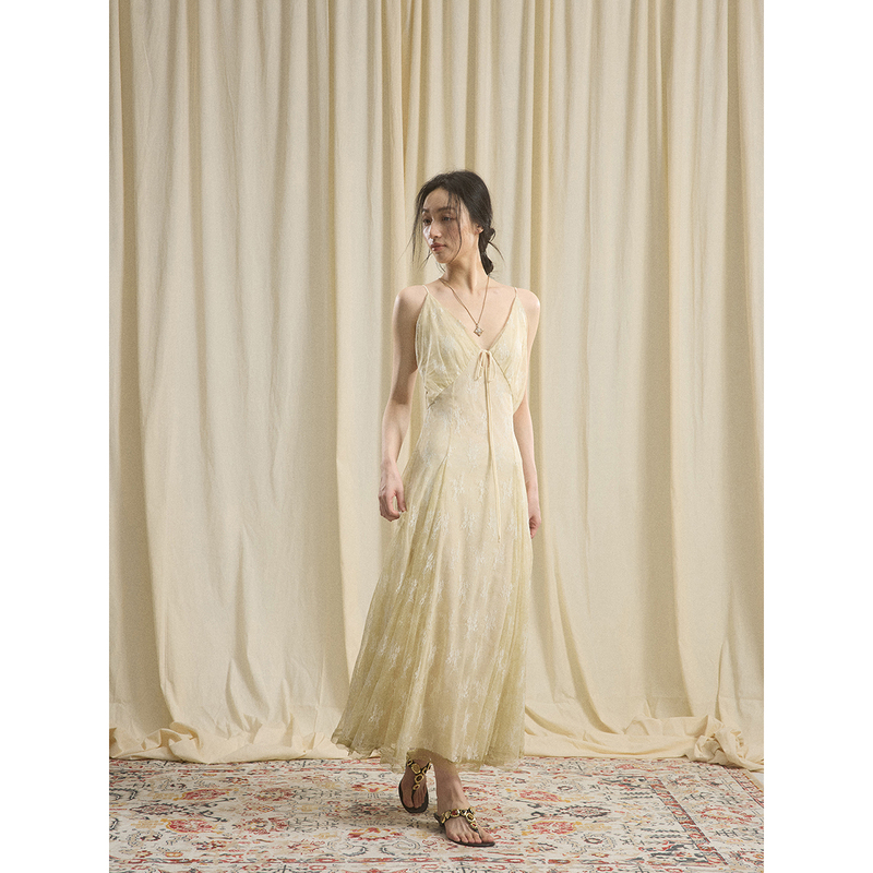 Also Available in 26Sf Sage Green Hazy Dark Pattern V-Neck Waist-Cinching Lace Patchwork Spaghetti Strap Long Dress