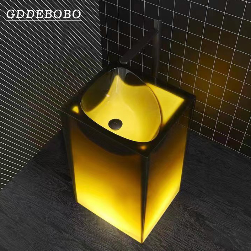 Square colored transparent column basin integrated floor type Balcony Villa hotel Minjuku Independent artificial stone washbasin-Taobao