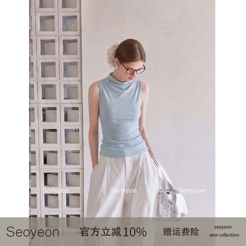 Seoyeon Lyocell Tencel Blue Half-High Collar Sleeveless Vest for Women, Summer Outerwear, Slim Fit Inner Top Seoyeon Lyocell Tencel Blue Half-High Collar Sleeveless Vest for Women, Summer Outerwear, Slim Fit Inner Top