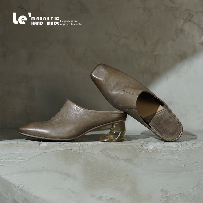 Le'Magnetic Brand Original Soft Vegetable-Tanned Horse Leather Chunky Heel Square Toe Closed-Toe Mules Women's Slippers with Genuine Leather Sole