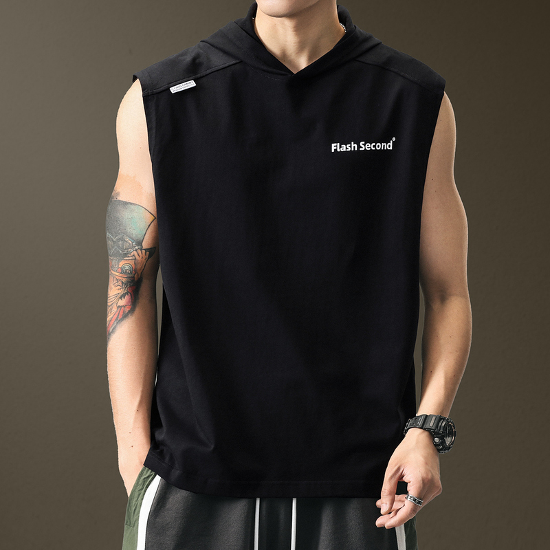 American-Style Hooded Fitness Sleeveless T-Shirt Vest for Men, Summer Loose Trendy Brand Sports Pure Cotton Half-Sleeve Vest Short-Sleeve Men's Top