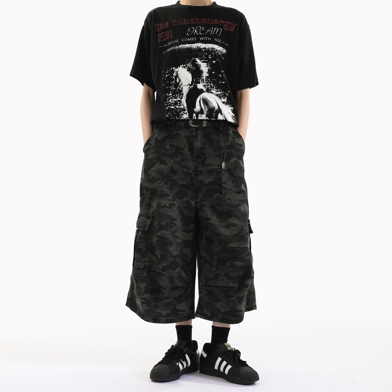 Redants American Retro Deconstructed Workwear Camouflage Shorts Unisex Loose Pants Trendy Washed Wide-Leg Cropped Pants