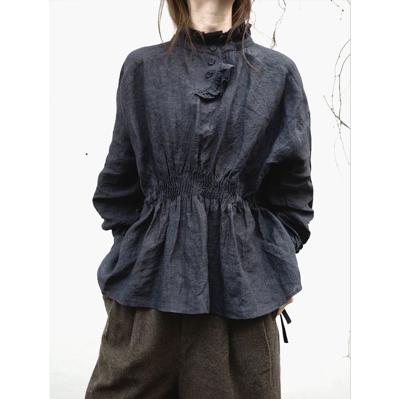 Coru Star | Ruffled Lace Collar, Pleated Waist, Drawstring Tie Shirt