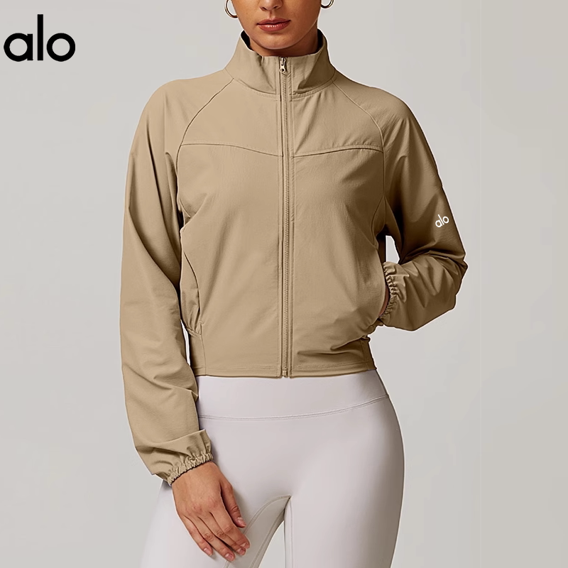 Alo Yoga Thin Yoga Jacket for Women, Stand-Up Collar, Zipper, Short Waist-Cinching Top, Quick-Drying, Sun-Protective Sports Jacket
