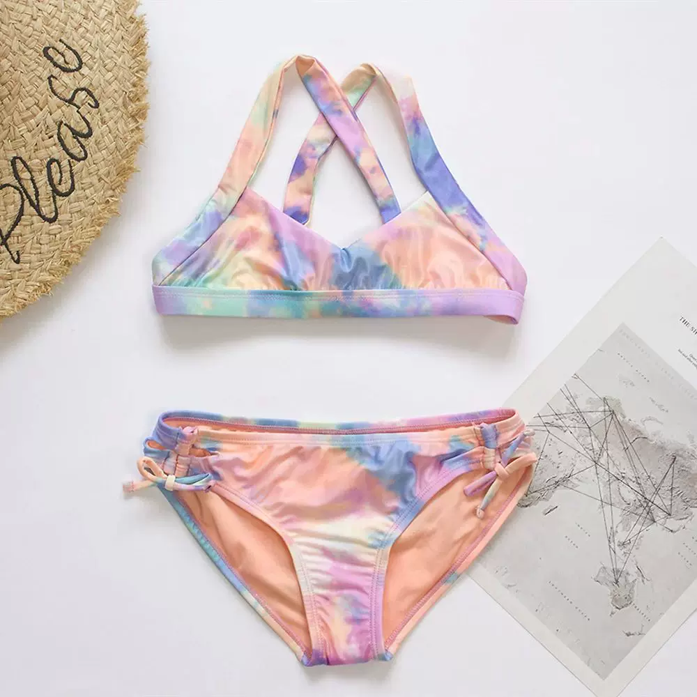 Детский купальник для девочек сетка бинни набор с завязками принт тай-дай летом