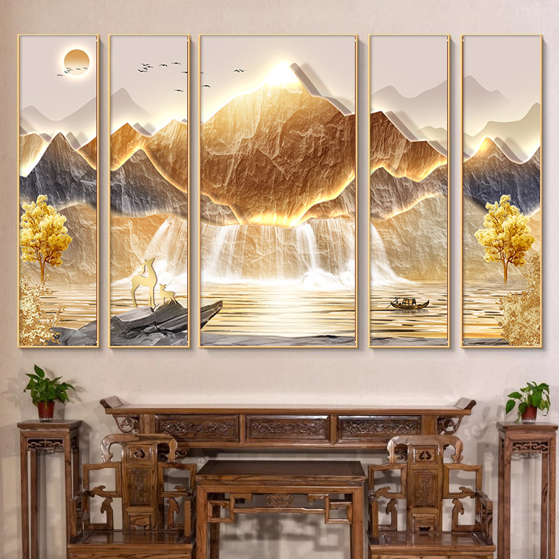 Central Hall Painting, Living Room Painting with Sunlight Shining on Golden Mountains, New Chinese Style Rural Hall Painting, Grand Landscape Decorative Painting, Ancestral Hall Painting Central Hall Painting, Living Room Painting with Sunlight Shining on Golden Mountains, New Chinese Style Rural Hall Painting, Grand Landscape Decorative Painting, Ancestral Hall Painting