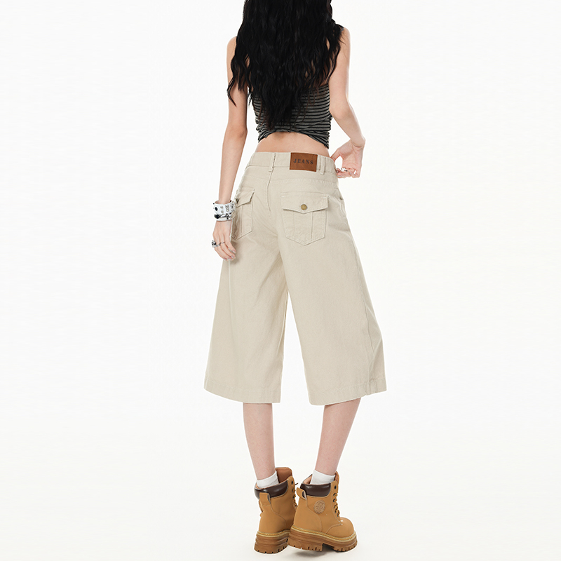 Light Apricot Wide-Leg Cropped Jeans for Women, Summer 2026 New American-Style Low-Waist Loose Straight Pants