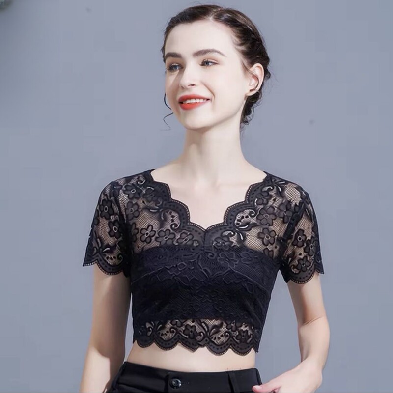 Fan Zhuo's Carefully Selected Hollow Lace Short-Sleeve Undershirt for Women, Worn under Skirts to Prevent Exposure, Transparent Sheer Half-Top, Tiktok Fan Zhuo's Carefully Selected Hollow Lace Short-Sleeve Undershirt for Women, Worn under Skirts to Prevent Exposure, Transparent Sheer Half-Top, Tiktok