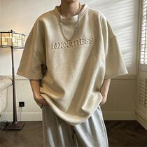 Exquisite high-end clothes national trend suede heavy short-sleeved mens niche design three-dimensional letter T-shirt wide
