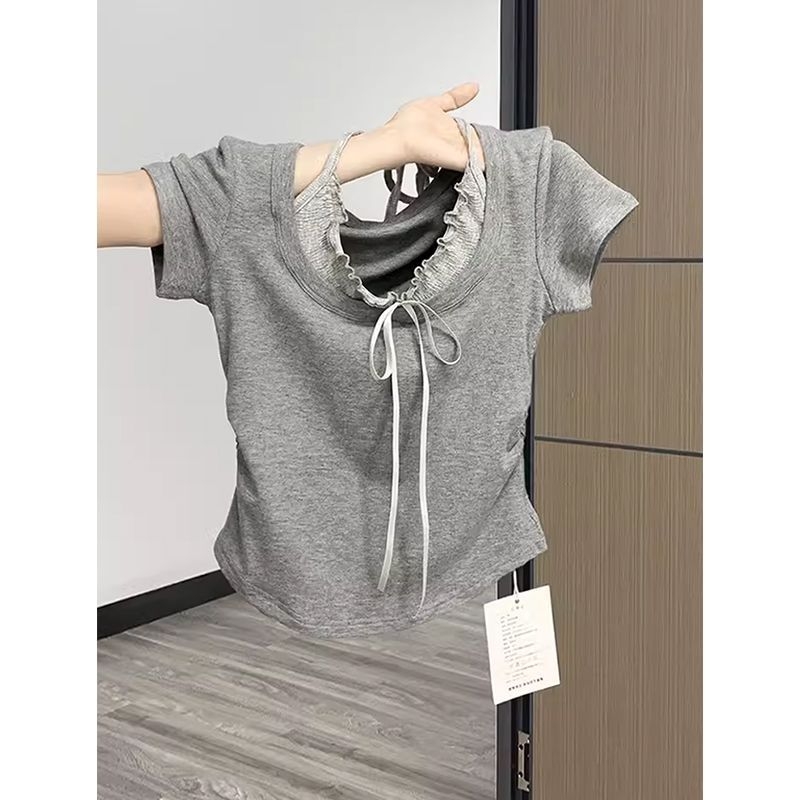 女の子の夏用フェイクツーピース半袖Tシャツ、中・大サイズの子供用、夏用ウッド耳縁ホルターネックトップス、Tシャツ、子供用不規則な半袖