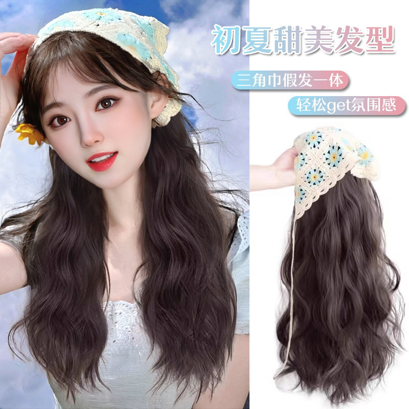 Tiktok Trending Triangular Headscarf Wig All-In-One Water Wave Long Curly Hair Half Wig in Stock