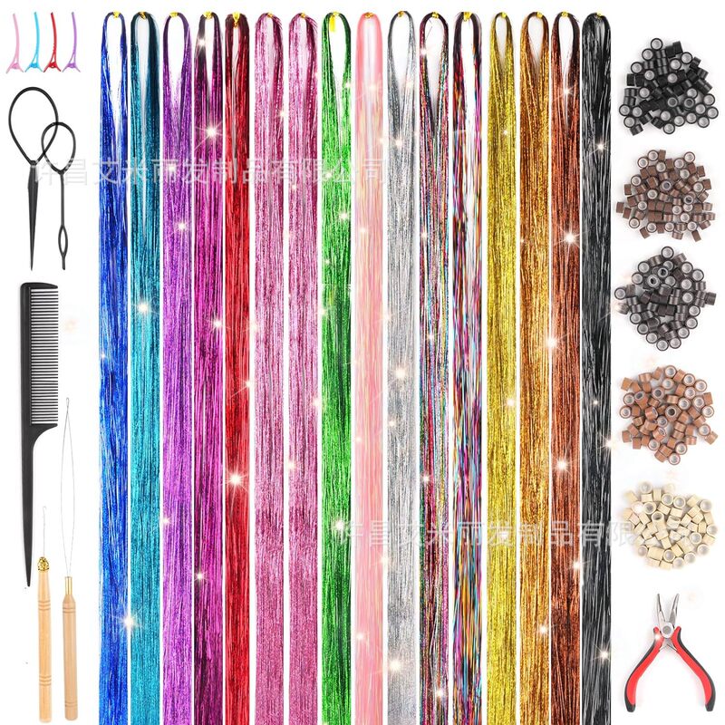Xuchang Wig Factory Shiny Multicolored Wig Strands Gold and Silver Hair Tinsel Laser Hair Extensions