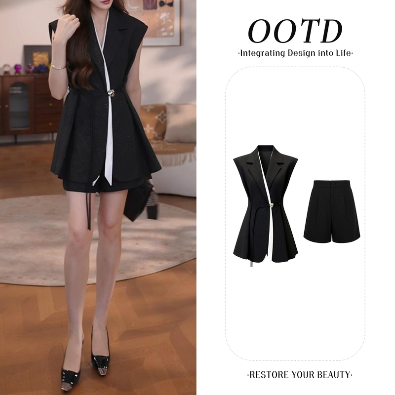 Black Notch Lapel Fine Glitter Waist-Cinching Blazer Vest Set for Women, High-End Sleeveless Top and A-Line Shorts Two-Piece Set