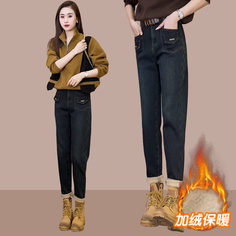 时尚加绒直筒牛仔裤女士小个子冬季欧货新款窄版显瘦高腰小脚裤子