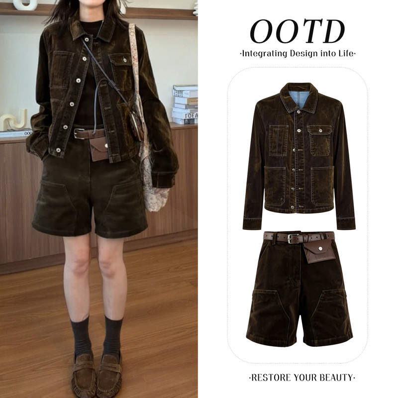 Korean Retro Workwear Fashion Suit for Women 2026 Spring and Autumn New Workwear Jacket + Long Sleeves + Shorts Three-Piece Suit Korean Retro Workwear Fashion Suit for Women 2026 Spring and Autumn New Workwear Jacket + Long Sleeves + Shorts Three-Piece Suit